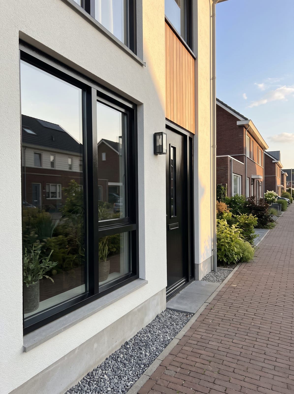 Geschilderde gevel met kozijnen en voordeur aan de buitenzijde van een woning